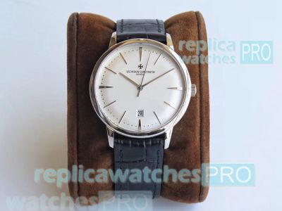 Swiss Rpelica Vacheron Constantin Patrimony White Dial Black Leather Watch